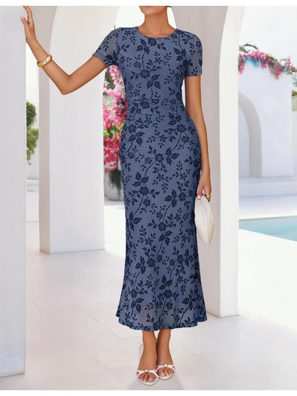 Women's Dusty Blue Floral Short Sleeve Bodycon Ruched Mesh Formal Maxi Dress - Picture 4 of 6